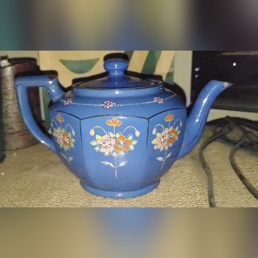Vintage Made in Japan Floral (Moriage?) Blue with Gold Trim Teapot.